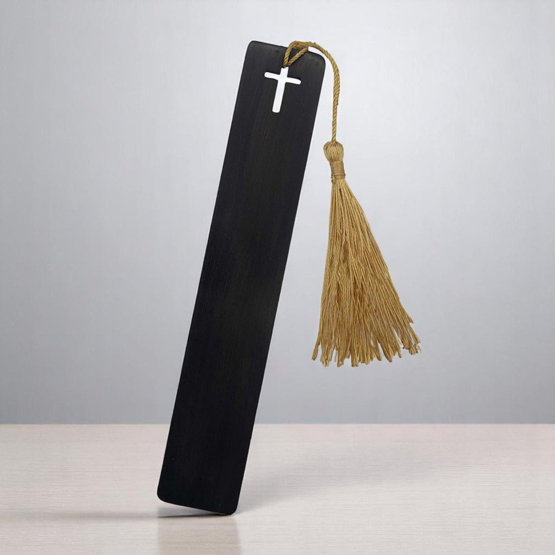 Black Sandalwood Bible Bookmark | Cross Design with Golden Tassel | Handcrafted Wooden Scripture Marker | 6" - Shepherds Shelf