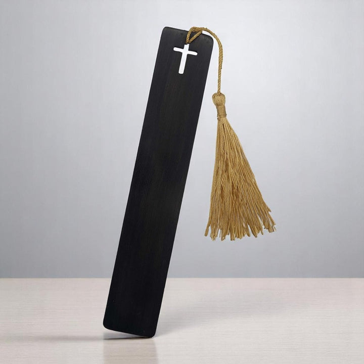 Black Sandalwood Bible Bookmark | Cross Design with Golden Tassel | Handcrafted Wooden Scripture Marker | 6" - Shepherds Shelf