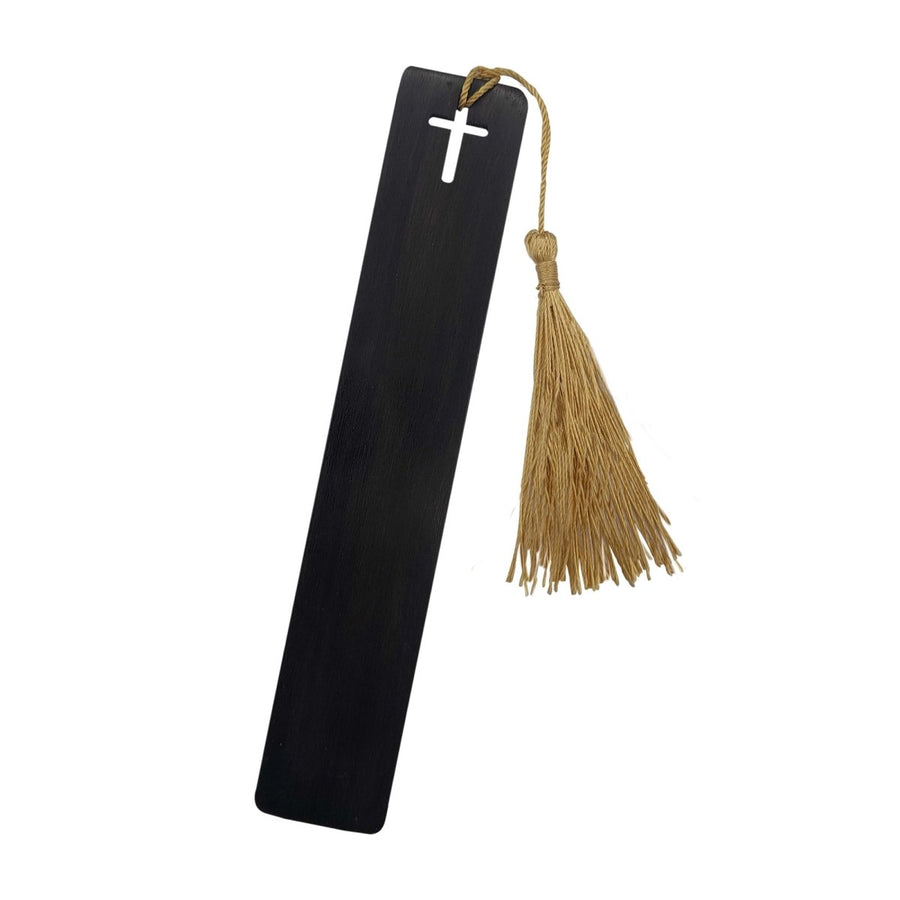 Black Sandalwood Bible Bookmark | Cross Design with Golden Tassel | Handcrafted Wooden Scripture Marker | 6" - Shepherds Shelf