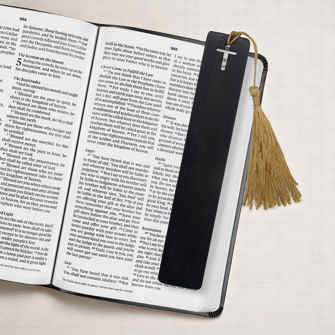 Black Sandalwood Bible Bookmark | Cross Design with Golden Tassel | Handcrafted Wooden Scripture Marker | 6" - Shepherds Shelf