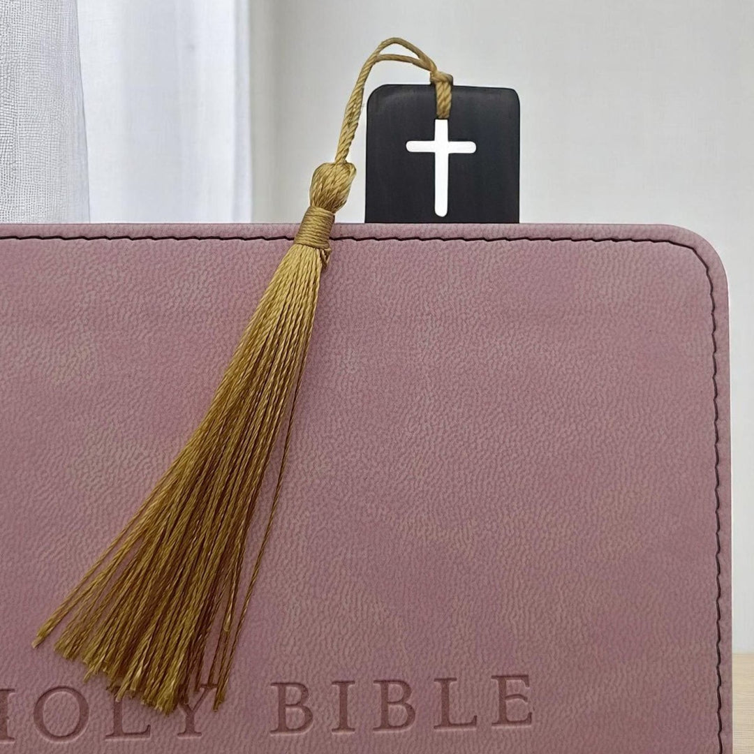 Black Sandalwood Bible Bookmark | Cross Design with Golden Tassel | Handcrafted Wooden Scripture Marker | 6" - Shepherds Shelf