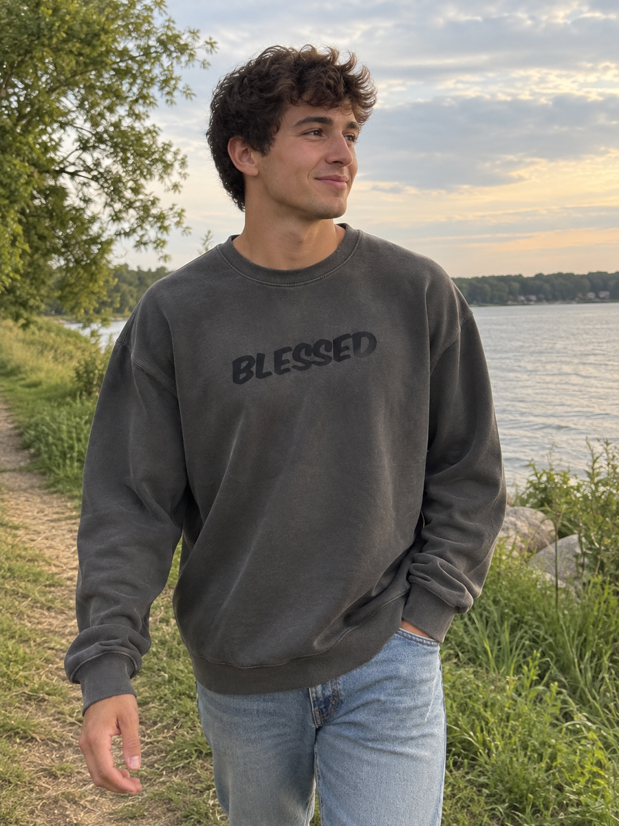 Blessed Unisex Pigment-Dyed Crewneck Sweatshirt — Man on a lakeside path