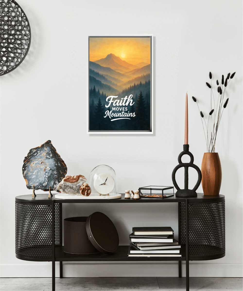 Christian Framed Canvas Wall Art - Faith Moves Mountains - Shepherds Shelf