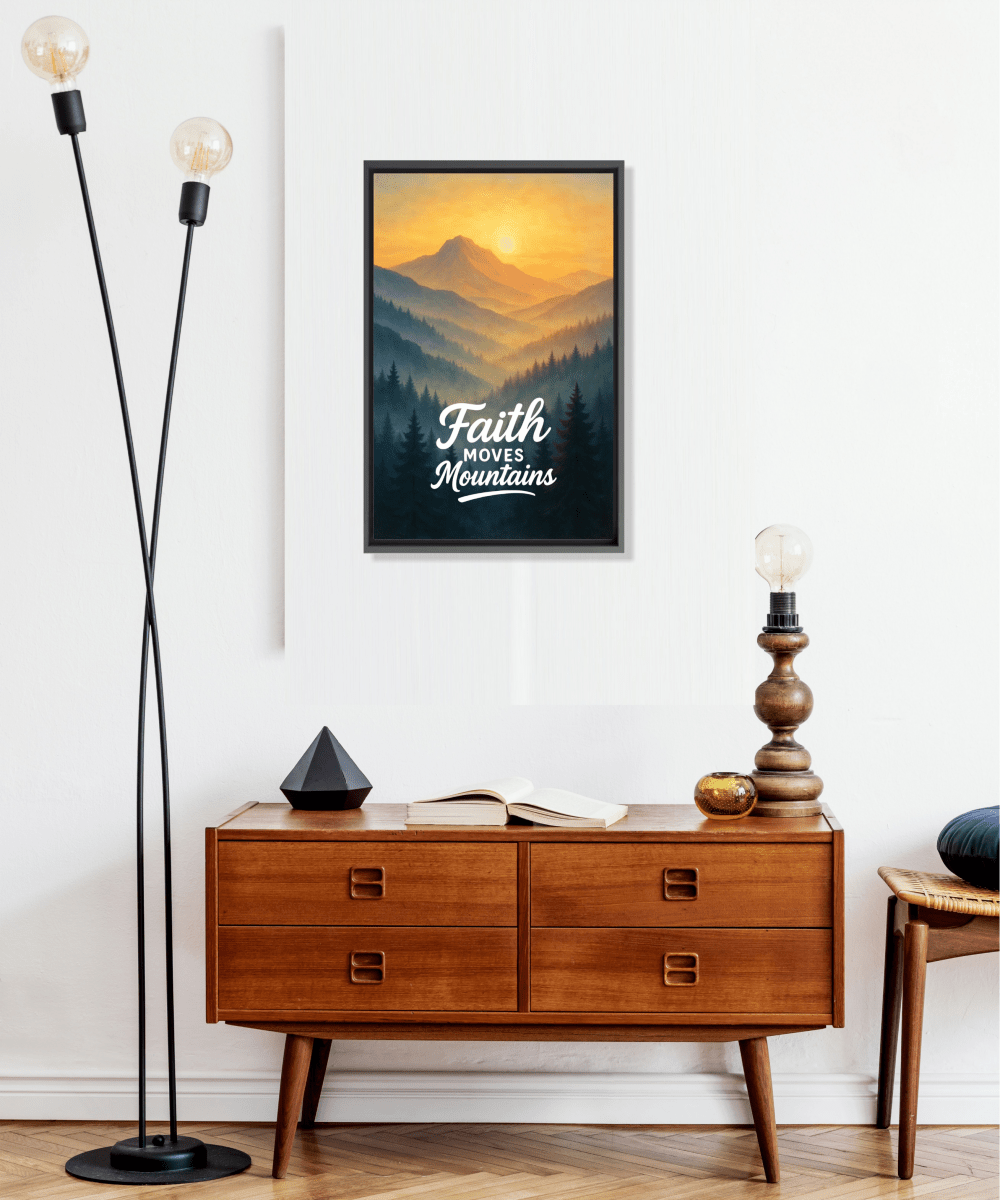 Christian Framed Canvas Wall Art - Faith Moves Mountains - Shepherds Shelf