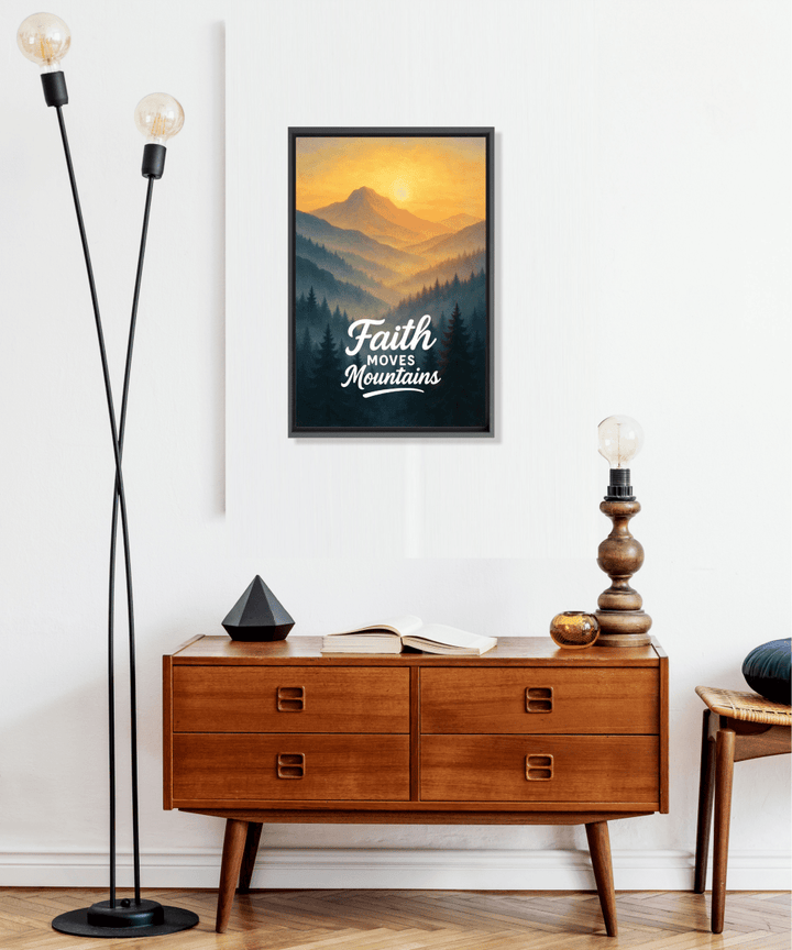 Christian Framed Canvas Wall Art - Faith Moves Mountains - Shepherds Shelf