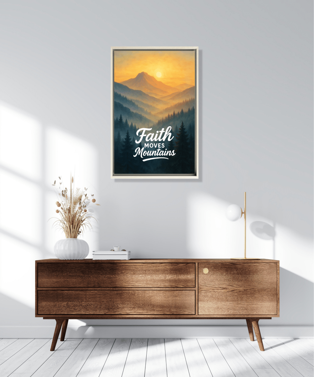 Christian Framed Canvas Wall Art - Faith Moves Mountains - Shepherds Shelf