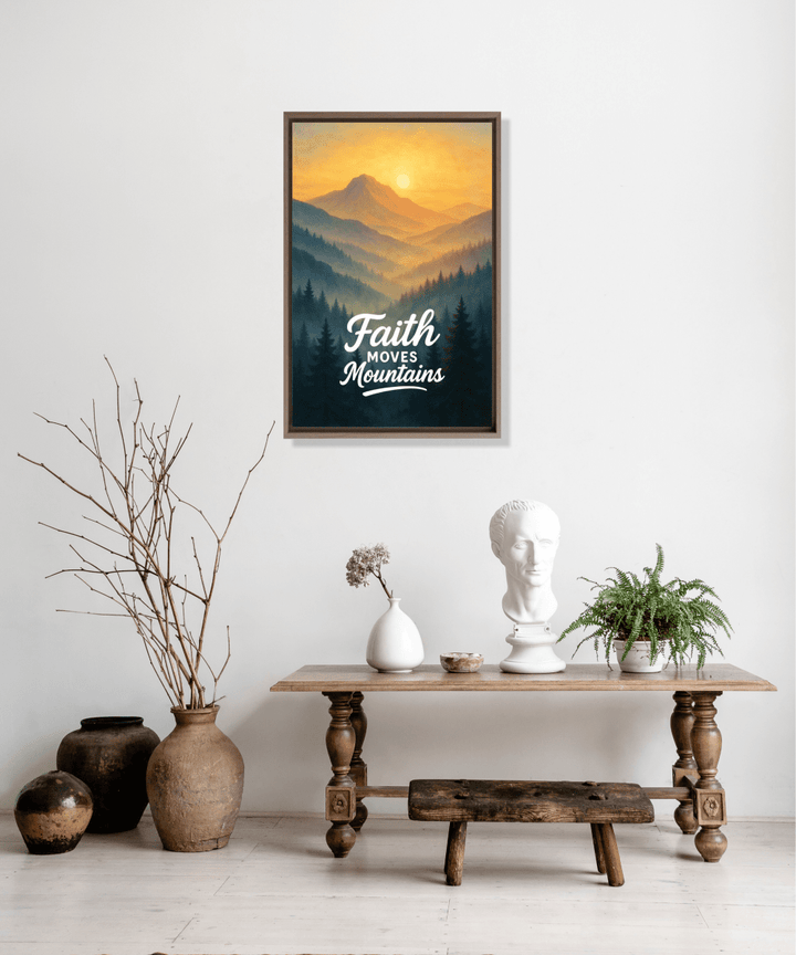 Christian Framed Canvas Wall Art - Faith Moves Mountains - Shepherds Shelf