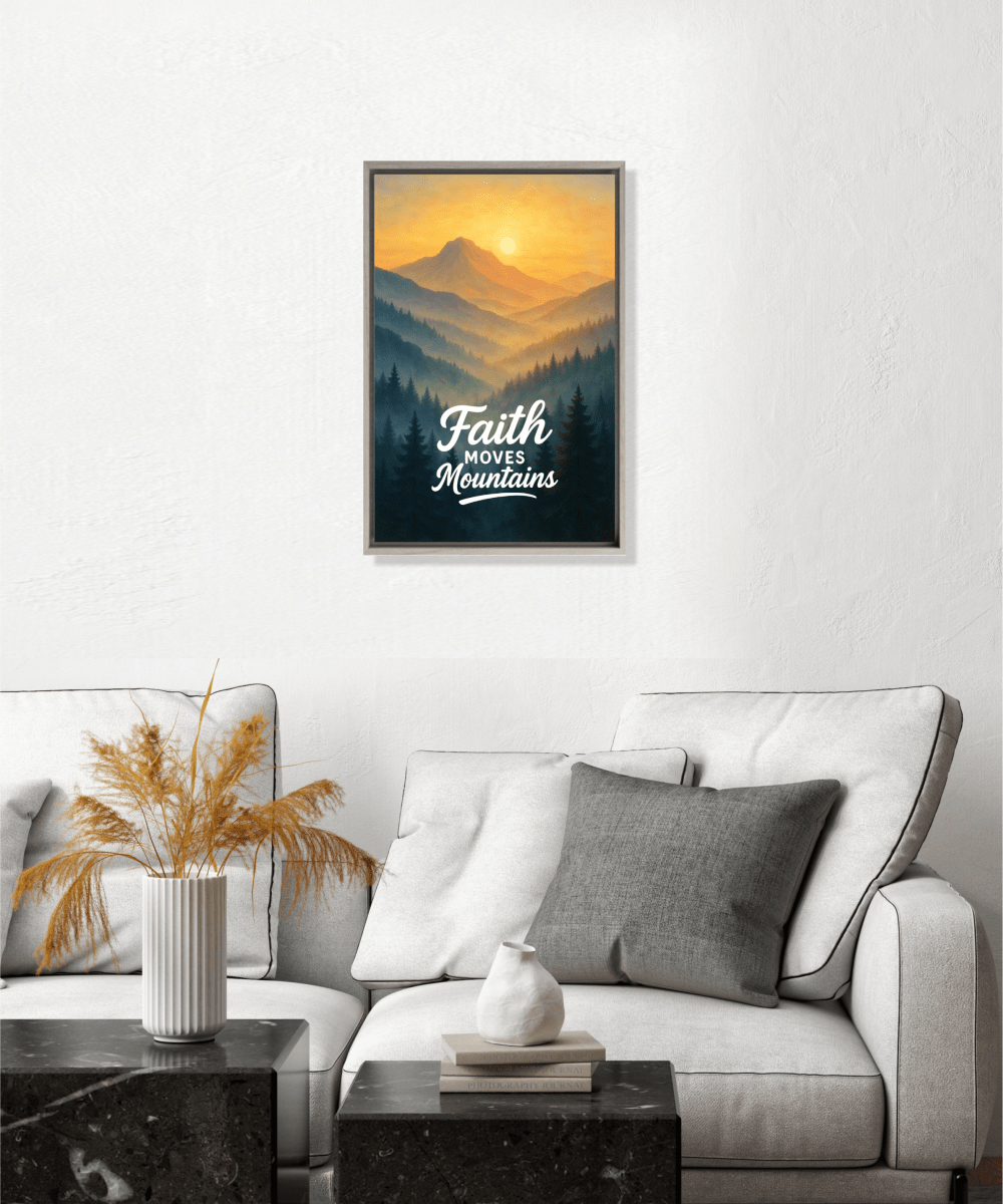 Christian Framed Canvas Wall Art - Faith Moves Mountains - Shepherds Shelf