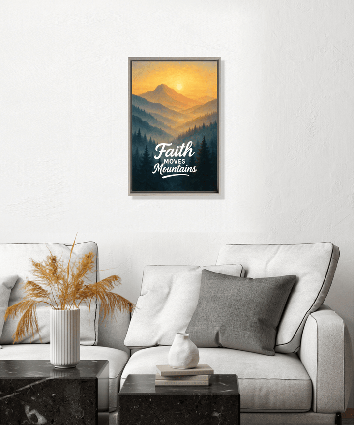 Christian Framed Canvas Wall Art - Faith Moves Mountains - Shepherds Shelf