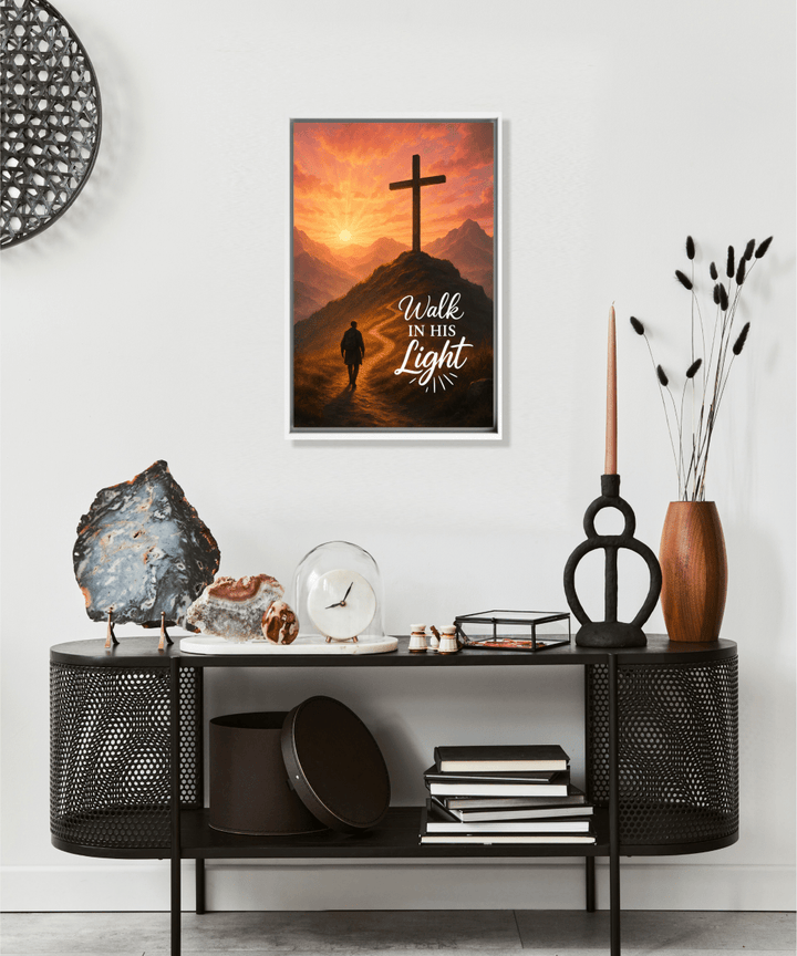 Christian Framed Canvas Wall Art - Walk in His Light - Shepherds Shelf