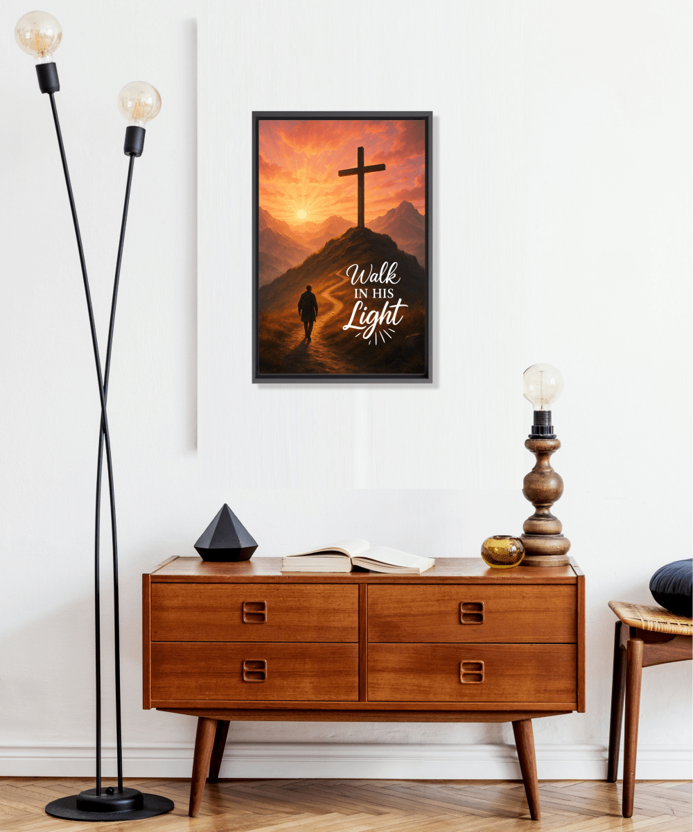 Christian Framed Canvas Wall Art - Walk in His Light - Shepherds Shelf