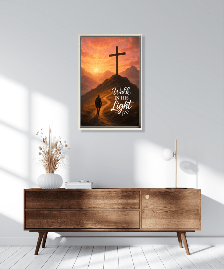 Christian Framed Canvas Wall Art - Walk in His Light - Shepherds Shelf