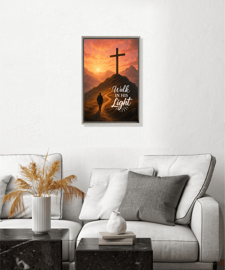 Christian Framed Canvas Wall Art - Walk in His Light - Shepherds Shelf