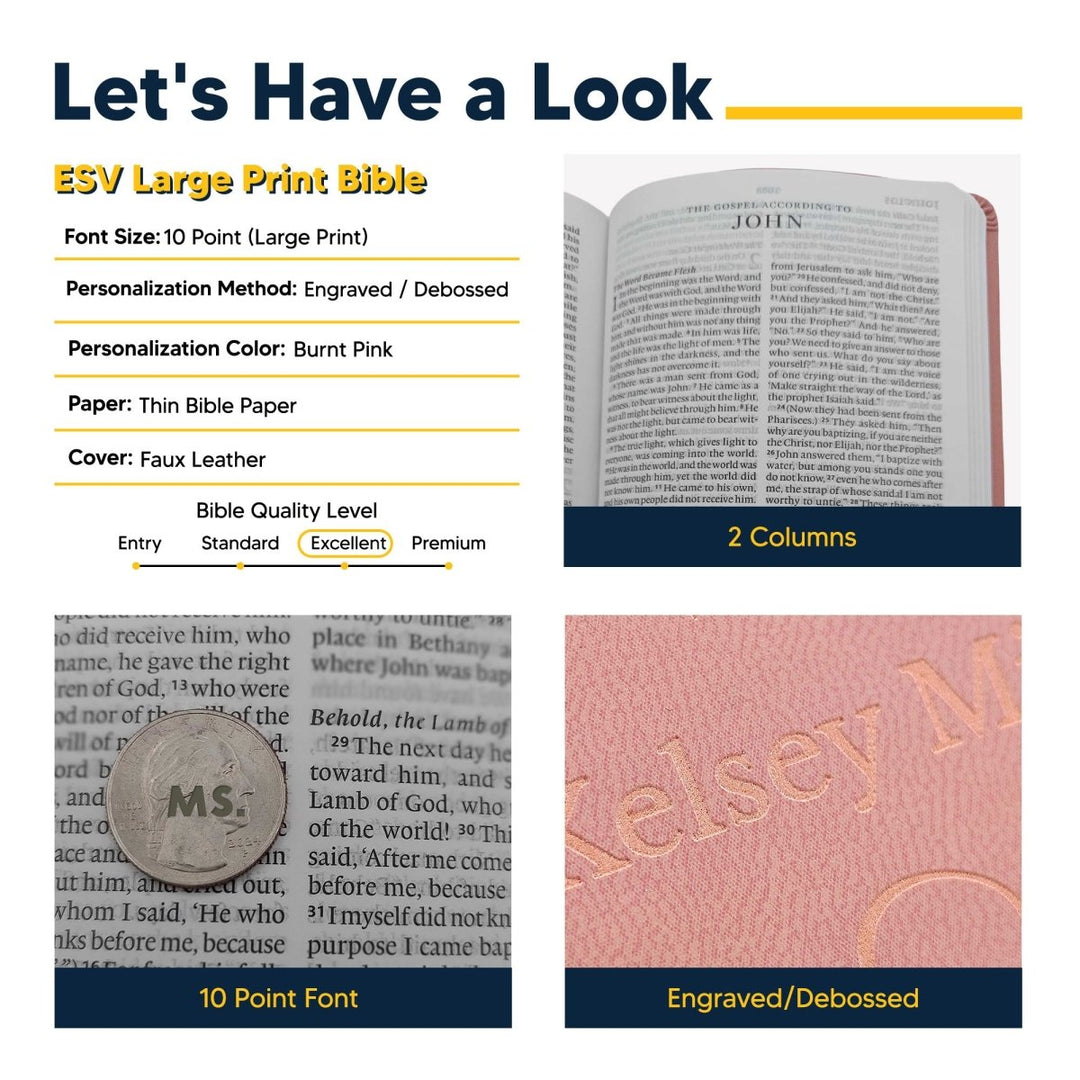 Custom ESV Large Print Holy Bible with Name | Blush Pink Faux Leather | Shepherds Shelf - Shepherds Shelf