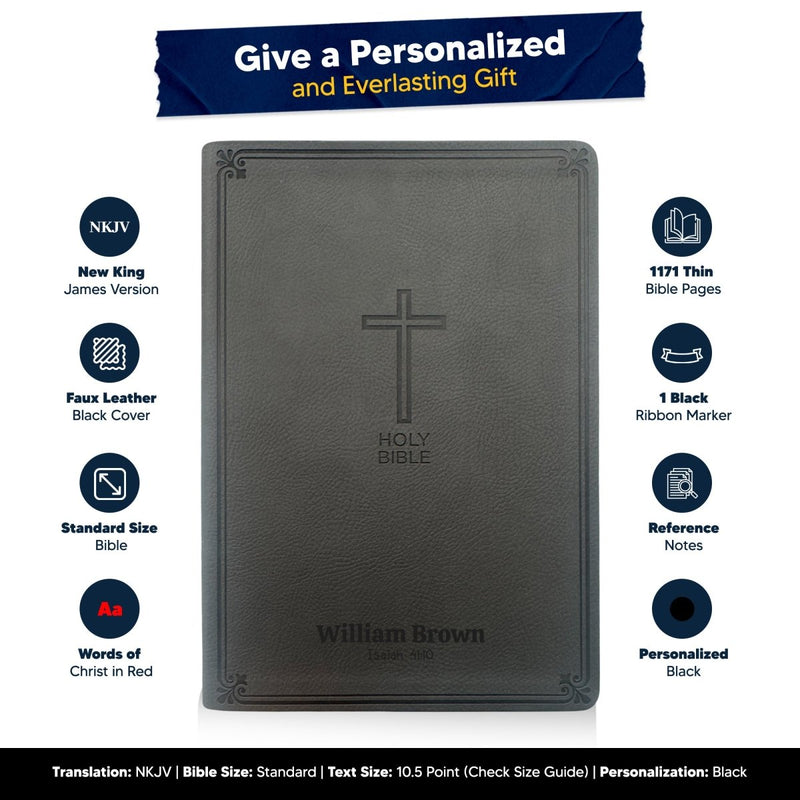 Custom NKJV Gray Thinline Red Letter Holy Bible | Large Print | Faux Leather