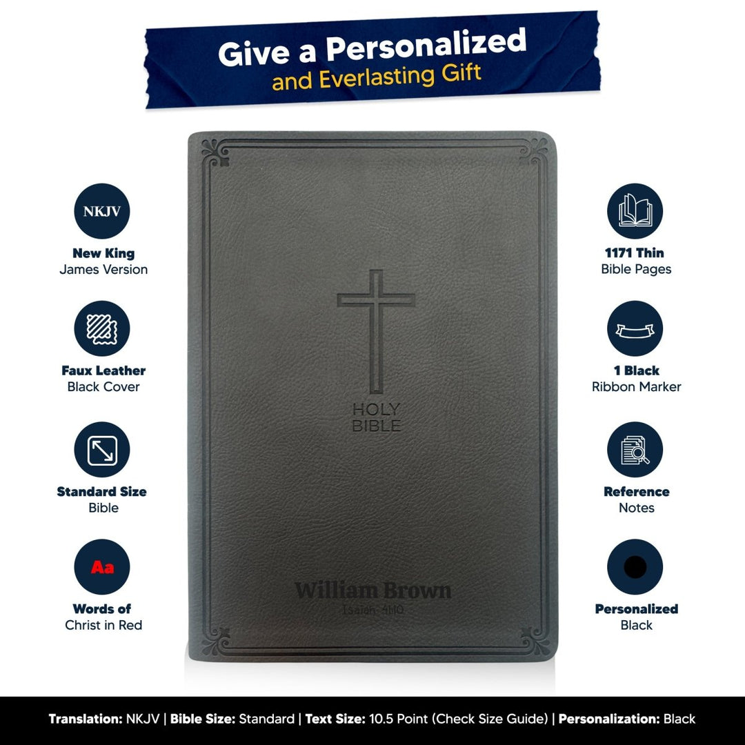 Custom NKJV Gray Thinline Red Letter Holy Bible | Large Print | Faux Leather - Shepherds Shelf