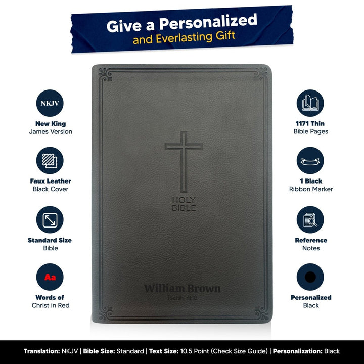 Custom NKJV Gray Thinline Red Letter Holy Bible | Large Print | Faux Leather - Shepherds Shelf