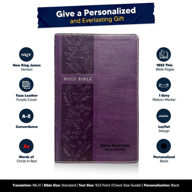 Custom NKJV Purple Holy Bible Red Letter Reference Bible | Large Print | Faux Leather