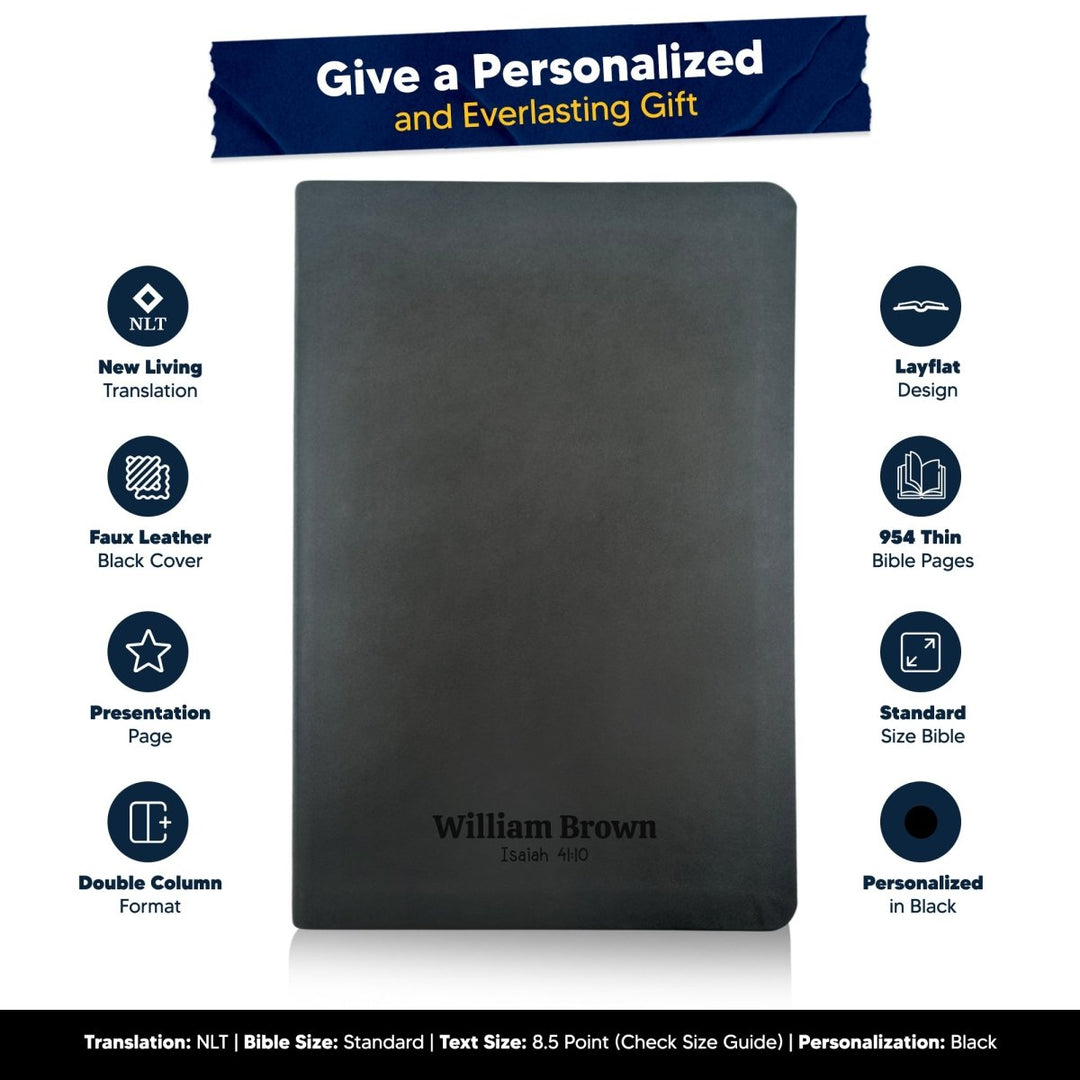 Custom NLT Black Personalized Holy Bible | Small Print | Thinline Faux Leather Lay Flat - Shepherds Shelf