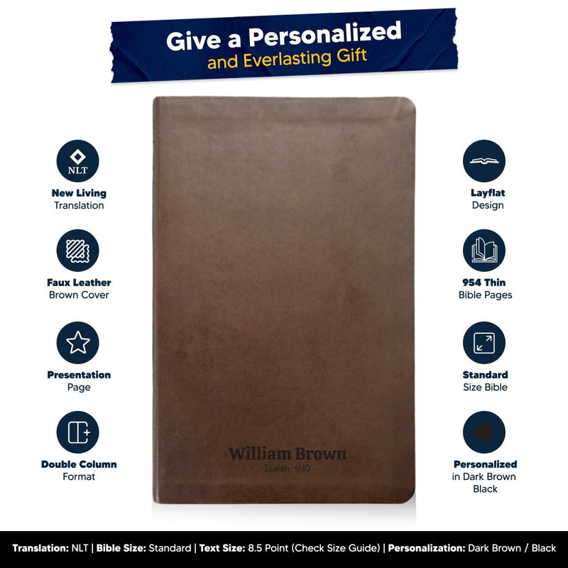 Custom NLT Brown Personalized Holy Bible | Small Print | Thinline Faux Leather Lay Flat