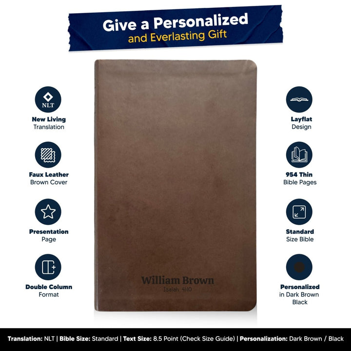 Custom NLT Brown Personalized Holy Bible | Small Print | Thinline Faux Leather Lay Flat - Shepherds Shelf