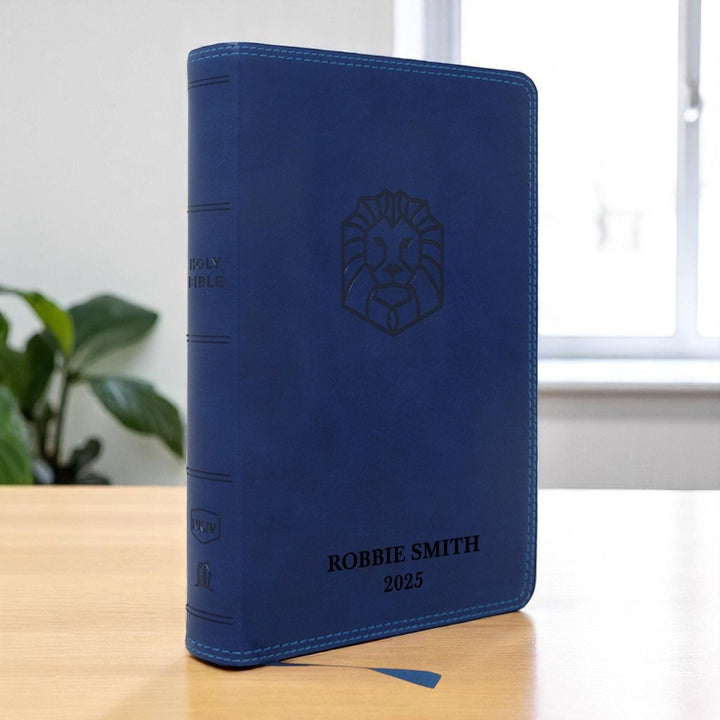Custom Personalized Blue NKJV Kids Bible Lion Emblem Faux Leather Cover New King James Version Translation with Study Features | Shepherds Shelf - Shepherds Shelf