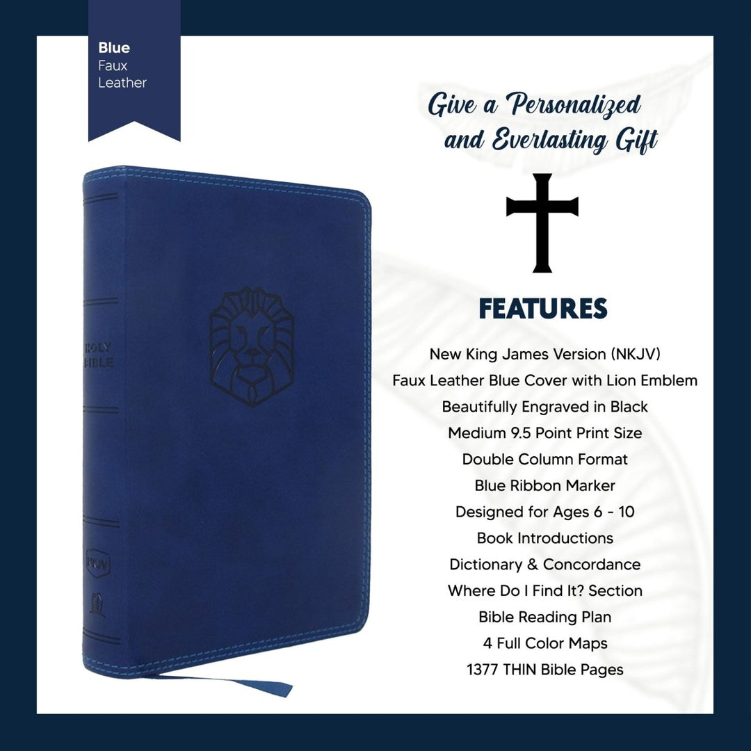 Custom Personalized Blue NKJV Kids Bible Lion Emblem Faux Leather Cover New King James Version Translation with Study Features | Shepherds Shelf - Shepherds Shelf