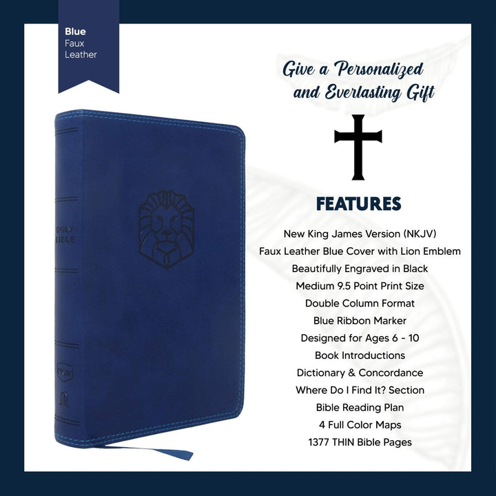 Custom Personalized Blue NKJV Kids Bible Lion Emblem Faux Leather Cover New King James Version Translation with Study Features | Shepherds Shelf - Shepherds Shelf