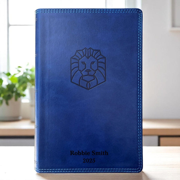 Custom Personalized Blue NKJV Kids Bible Lion Emblem Faux Leather Cover New King James Version Translation with Study Features | Shepherds Shelf - Shepherds Shelf