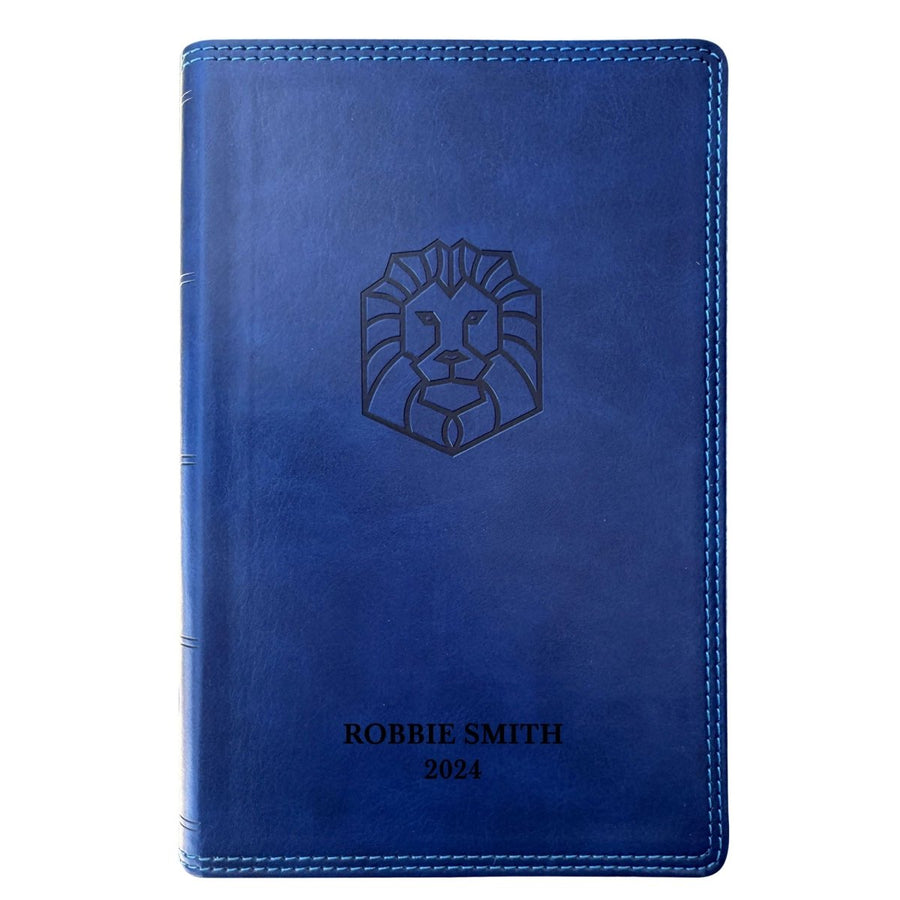 Custom Personalized Blue NKJV Kids Bible Lion Emblem Faux Leather Cover New King James Version Translation with Study Features | Shepherds Shelf - Shepherds Shelf