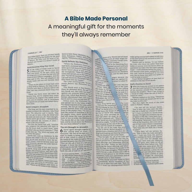 Custom NIV Medium Print Baby Gift Bible in Faux Leather Blue with 24 Full-color Family Memory Pages | Christian Gift for New Baby