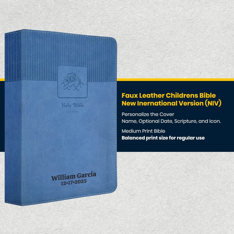 Custom NIV Medium Print Baby Gift Bible in Faux Leather Blue with 24 Full-color Family Memory Pages | Christian Gift for New Baby