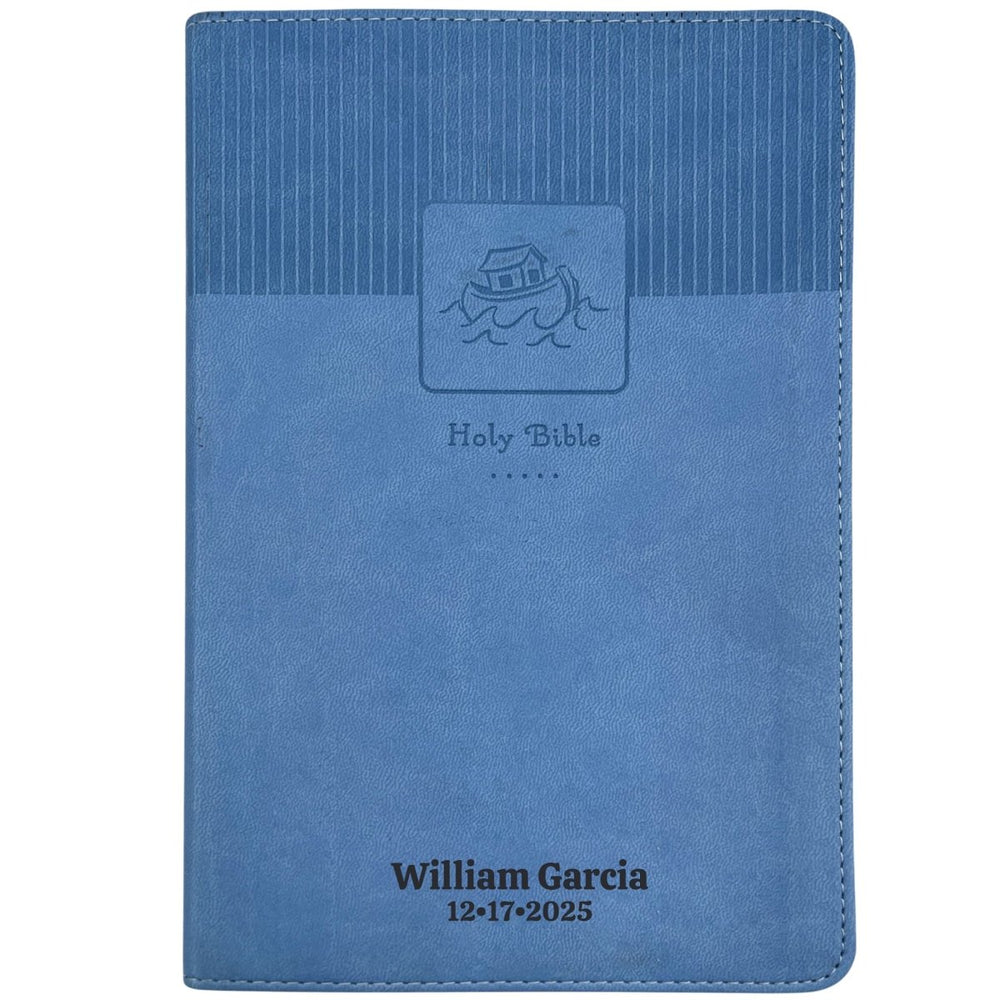 Custom NIV Medium Print Baby Gift Bible in Faux Leather Blue with 24 Full-color Family Memory Pages | Christian Gift for New Baby