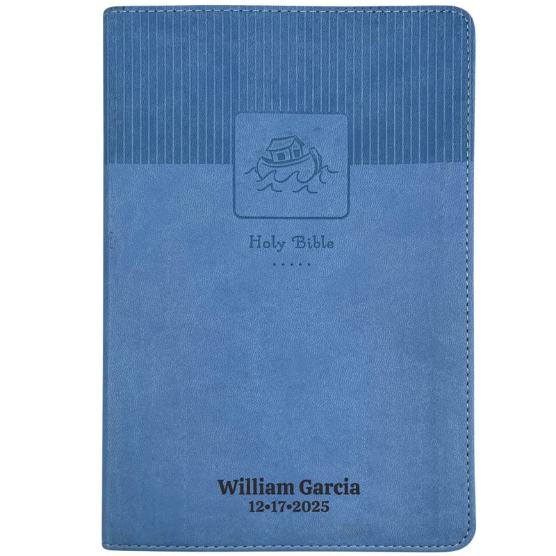 Custom NIV Medium Print Baby Gift Bible in Faux Leather Blue with 24 Full-color Family Memory Pages | Christian Gift for New Baby
