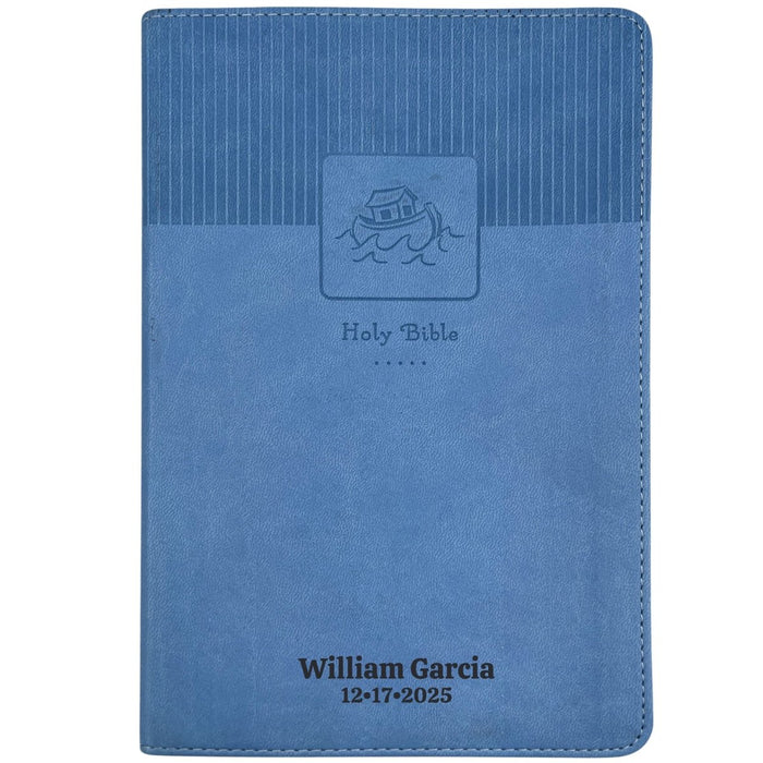 Custom NIV Medium Print Baby Gift Bible in Faux Leather Blue with 24 Full-color Family Memory Pages | Christian Gift for New Baby