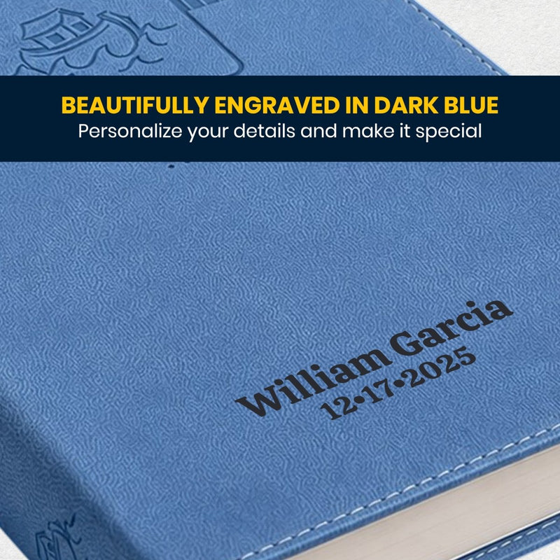 Custom NIV Medium Print Baby Gift Bible in Faux Leather Blue with 24 Full-color Family Memory Pages | Christian Gift for New Baby