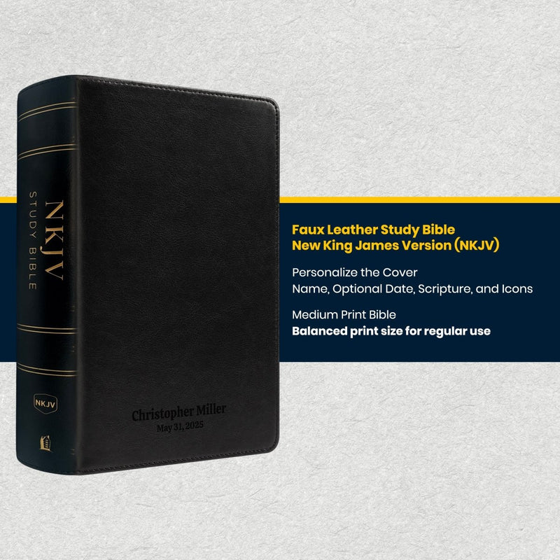 Custom NKJV Medium Print All-in-One Study Bible in Faux Leather Black | Christian Gift for Bible Study