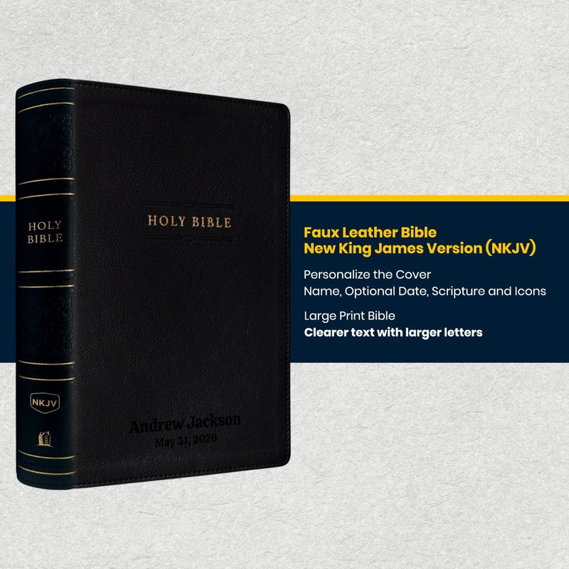 Custom NKJV Large Print Reference Bible in Faux Leather Black with Easy-to-navigate Dictionary-concordance | Christian Gift for Bible Study