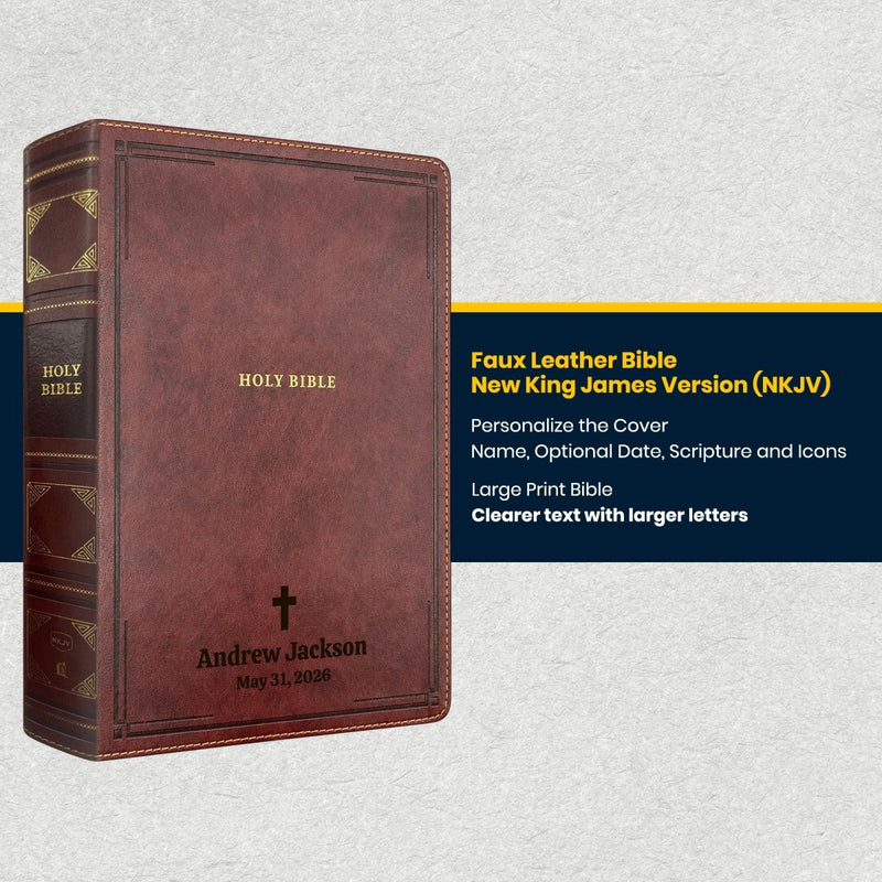 Custom NKJV Large Print Reference Bible in Faux Leather Brown with Center-column References for Study | Christian Gift for Bible Study