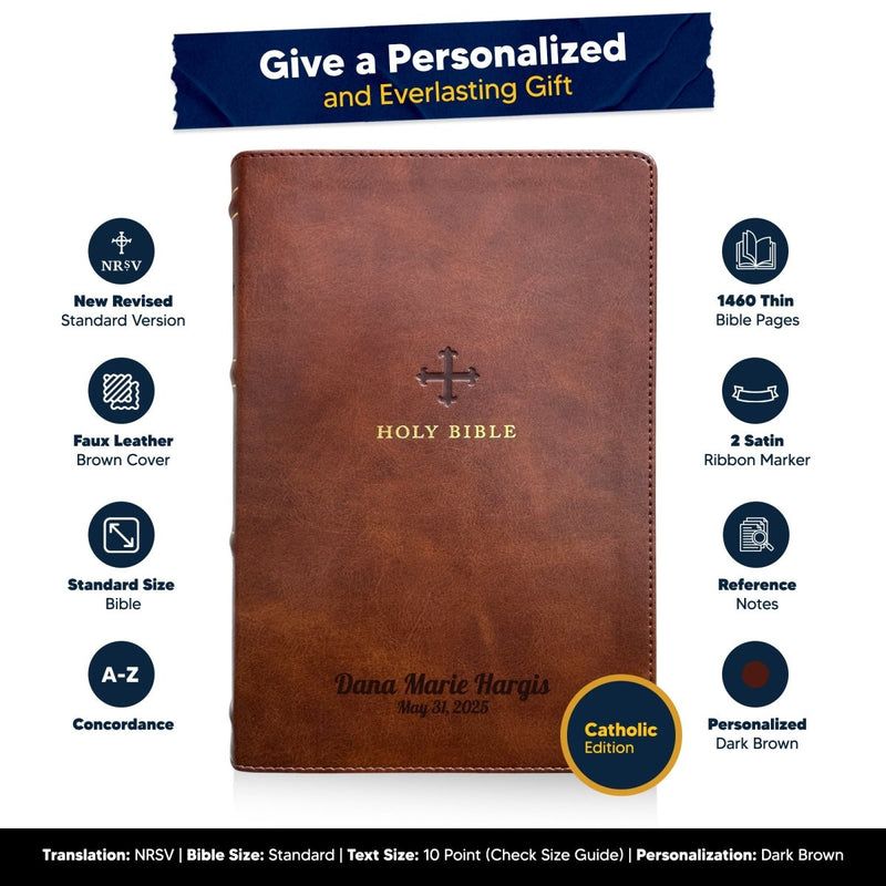 Custom NRSV Large Print Catholic Bible in Faux Leather Brown with Smyth-sewn Binding Lies Flat | Christian Gift for Baptism
