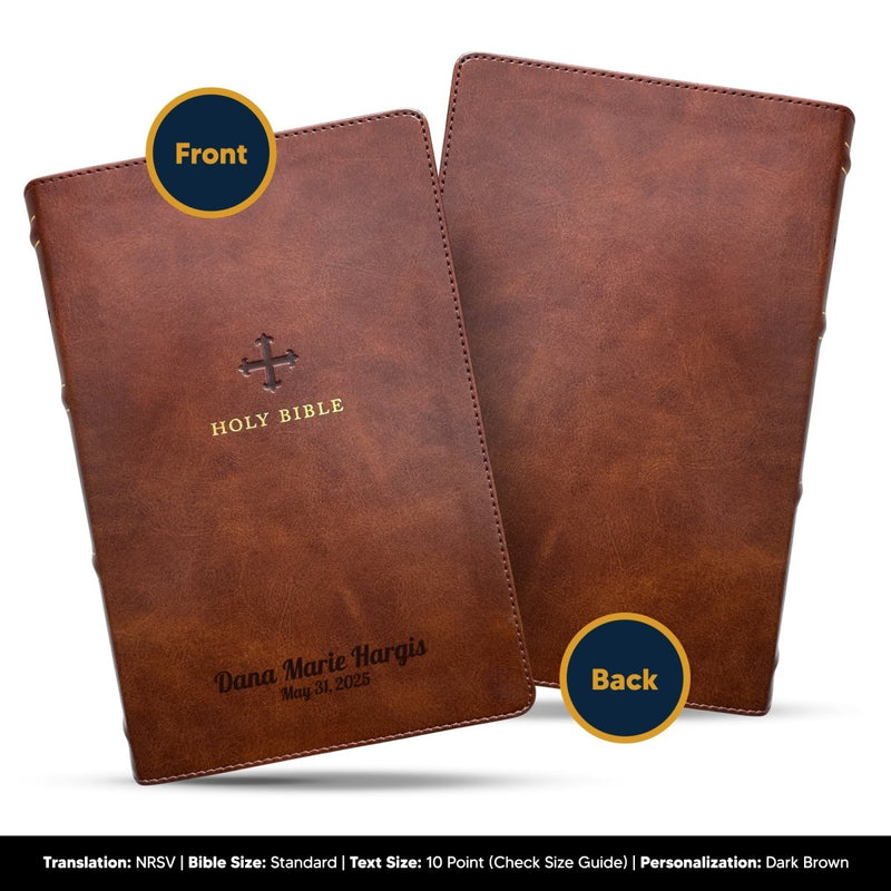 Custom NRSV Large Print Catholic Bible in Faux Leather Brown with Smyth-sewn Binding Lies Flat | Christian Gift for Baptism