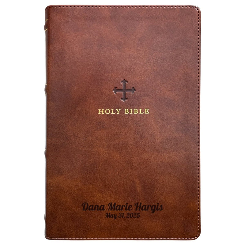 Custom NRSV Large Print Catholic Bible in Faux Leather Brown with Smyth-sewn Binding Lies Flat | Christian Gift for Baptism