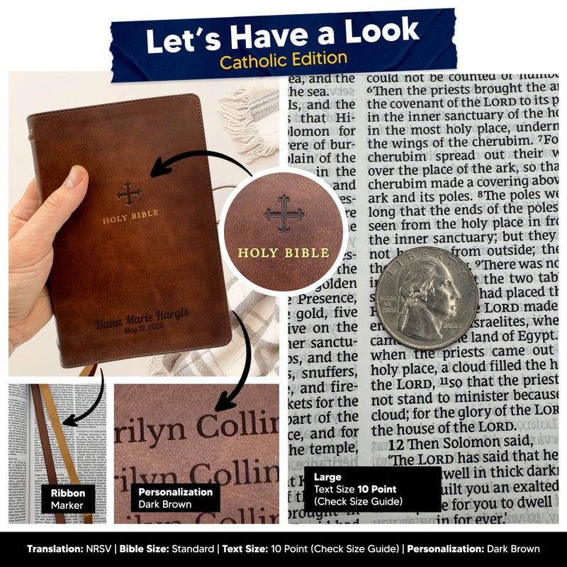 Custom NRSV Large Print Catholic Bible in Faux Leather Brown with Smyth-sewn Binding Lies Flat | Christian Gift for Baptism