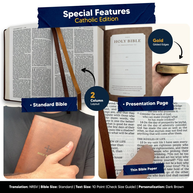 Custom NRSV Large Print Catholic Bible in Faux Leather Brown with Smyth-sewn Binding Lies Flat | Christian Gift for Baptism