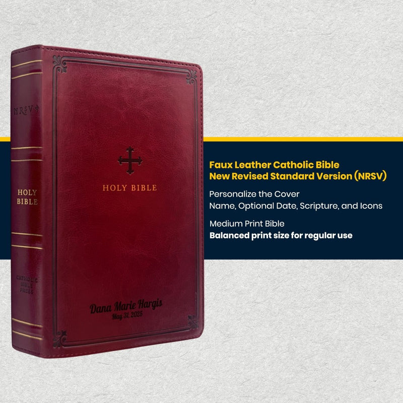 Custom NRSV Medium Print Catholic Bible in Faux Leather Burgundy with Smyth-sewn Binding Lies Flat | Christian Gift for Everyday Faith