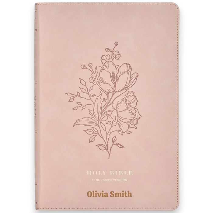 Custom KJV Large Print Bible in Faux Leather Pink Floral with Heat-debossed Floral Cover Design | Christian Gift for Baptism