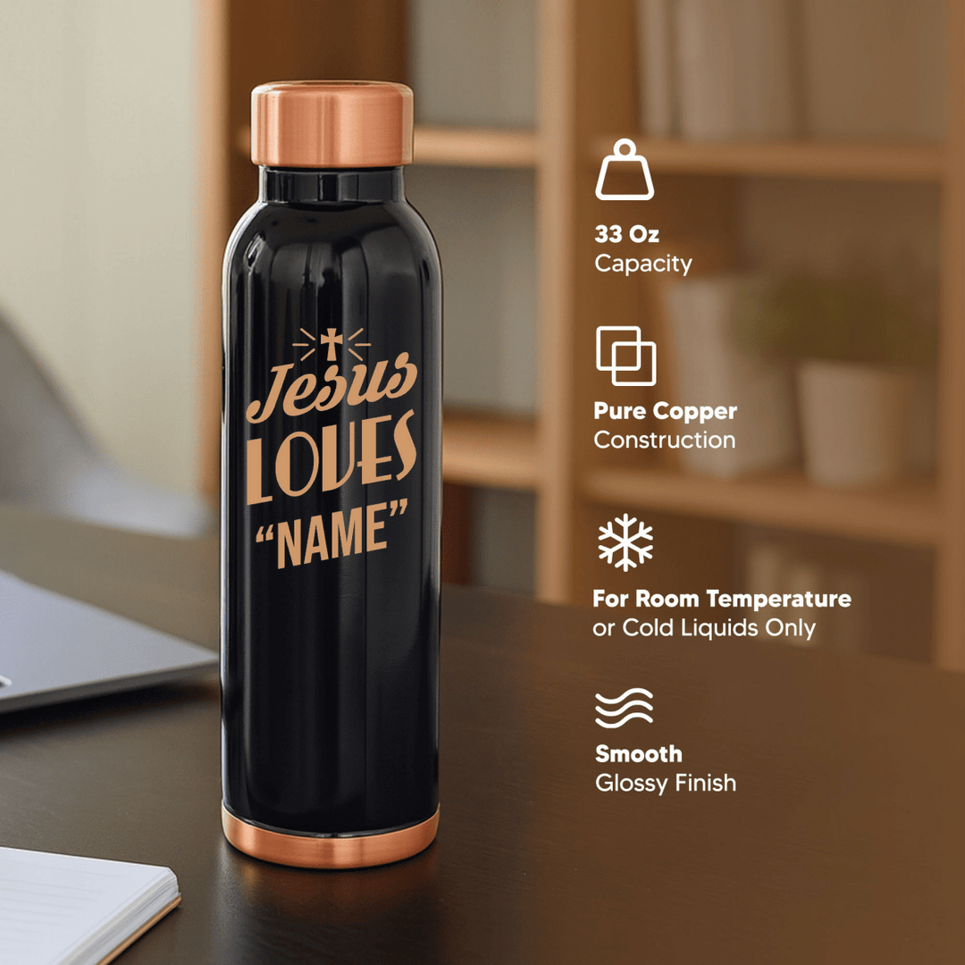 Custom Personalized Copper Water Bottle with Jesus Loves Your Name Cross Design | Pure Copper | 33 Oz - Shepherds Shelf