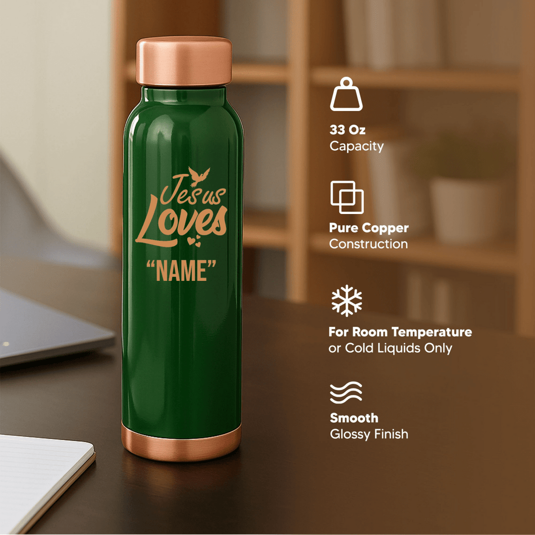Custom Personalized Copper Water Bottle with Jesus Loves Your Name Dove Design | Pure Copper | 33 Oz - Shepherds Shelf