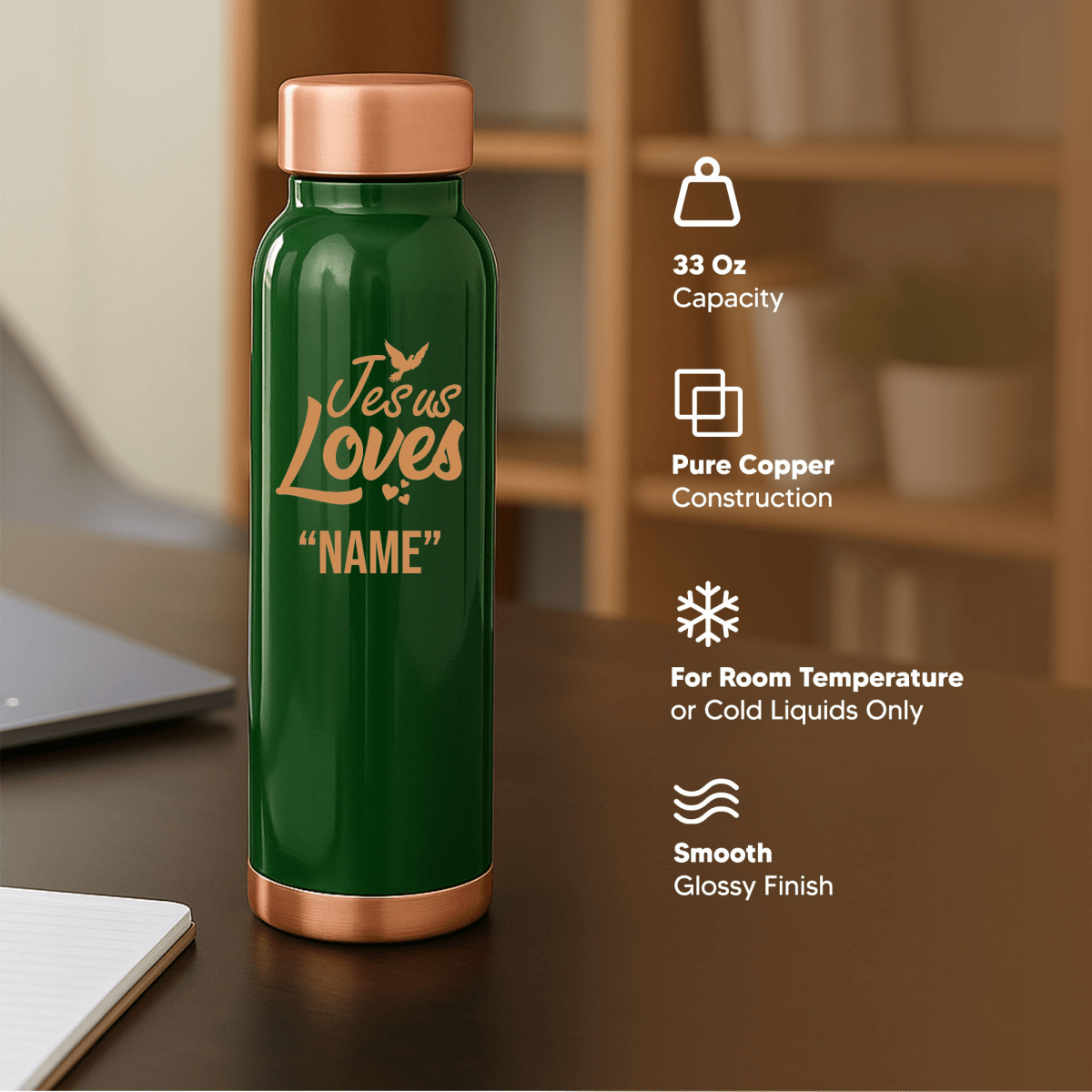Custom Personalized Copper Water Bottle with Jesus Loves Your Name Dove Design | Pure Copper | 33 Oz - Shepherds Shelf