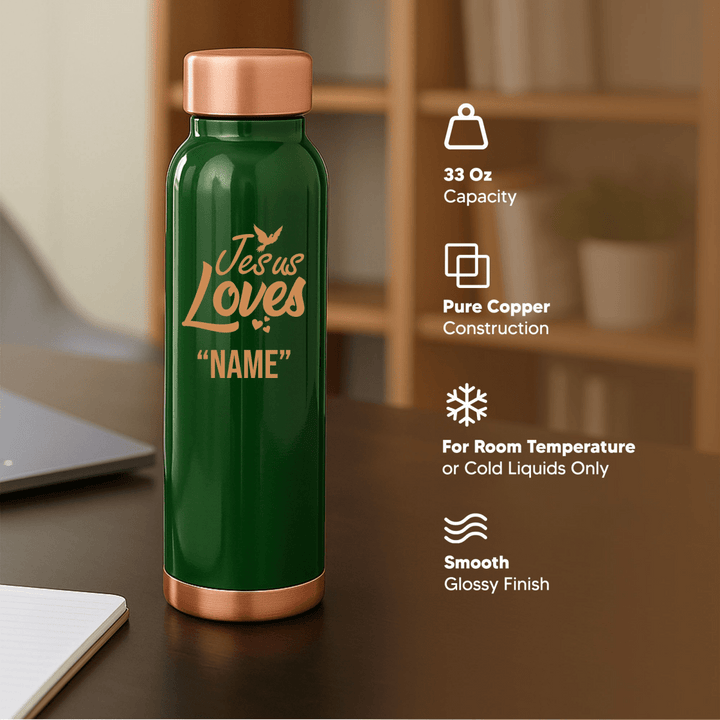 Custom Personalized Copper Water Bottle with Jesus Loves Your Name Dove Design | Pure Copper | 33 Oz - Shepherds Shelf
